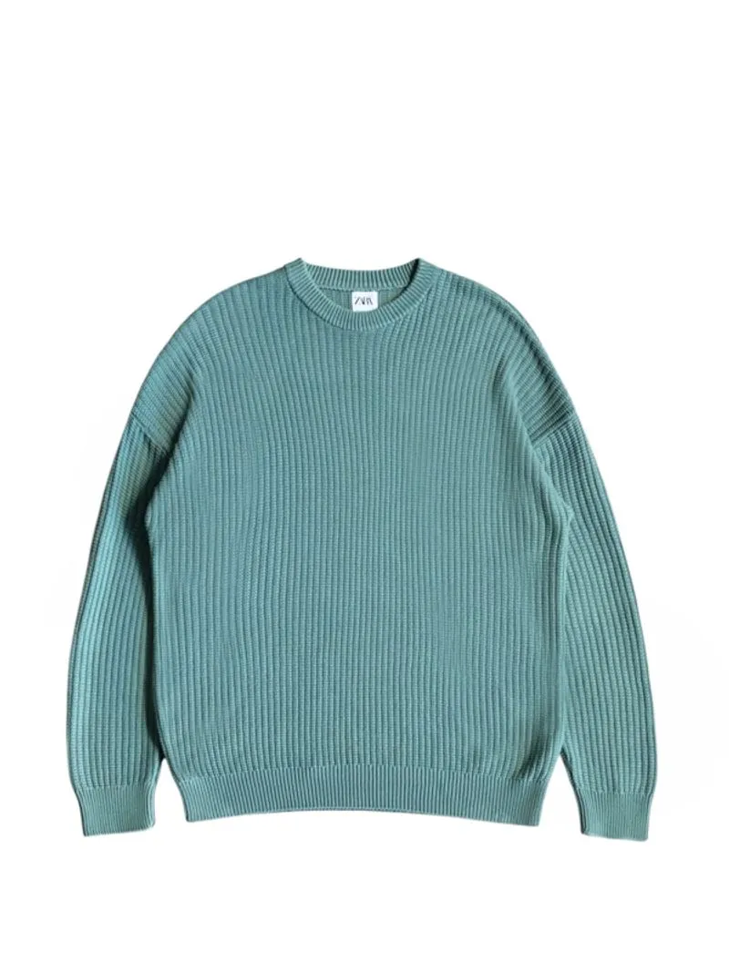 Zara oversize rib cotton knitted sweater sage green crewneck photo 1