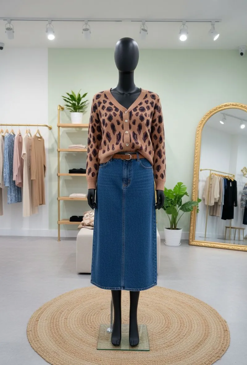 Sweater Crop Motif Leopard Coklat Wanita photo 1