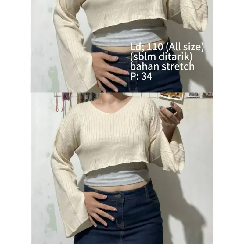 atasan wanita crop tops rajut lengan panjang photo 1