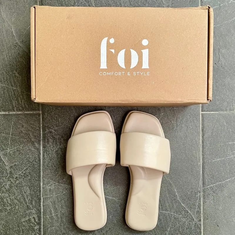 FOI SANDAL SLIP ON WANITA FLAT SELOP NUDE ARCH EMPUK KREM photo 1