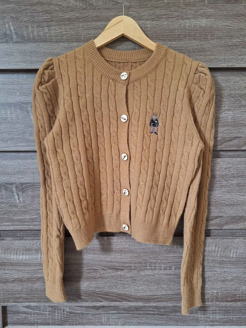 Cardigan Rajut Lengan Puffy Cokelat Wanita photo 1