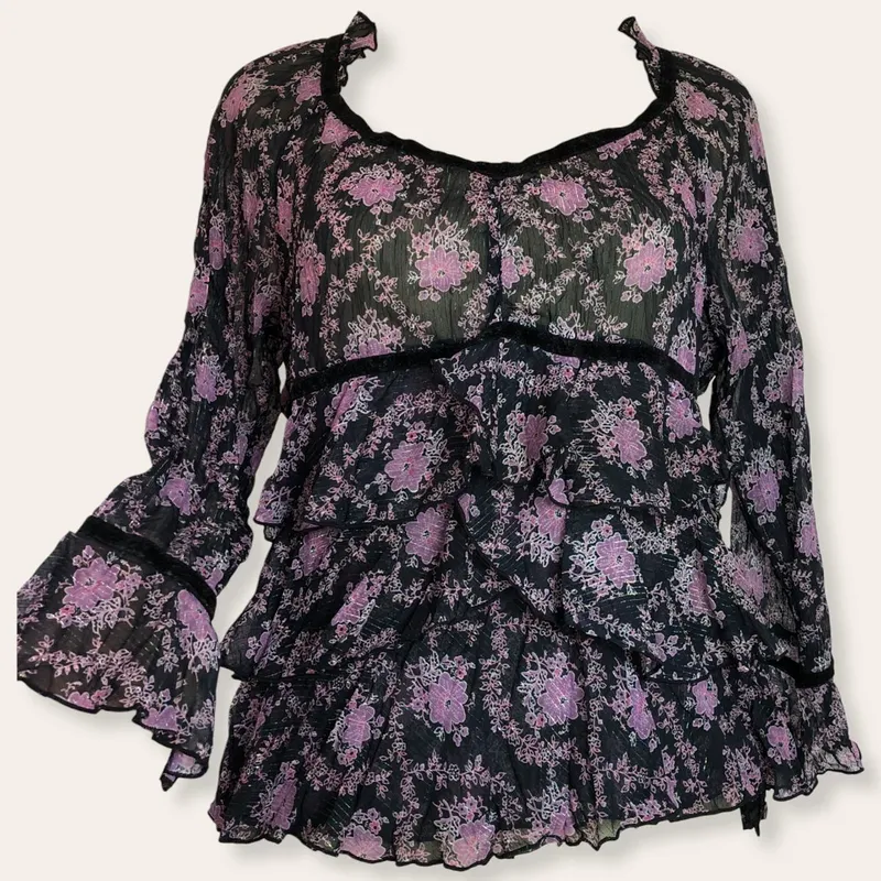 VINTAGE RUFFLE VELVET SPARKLE SHEER TOP photo 1