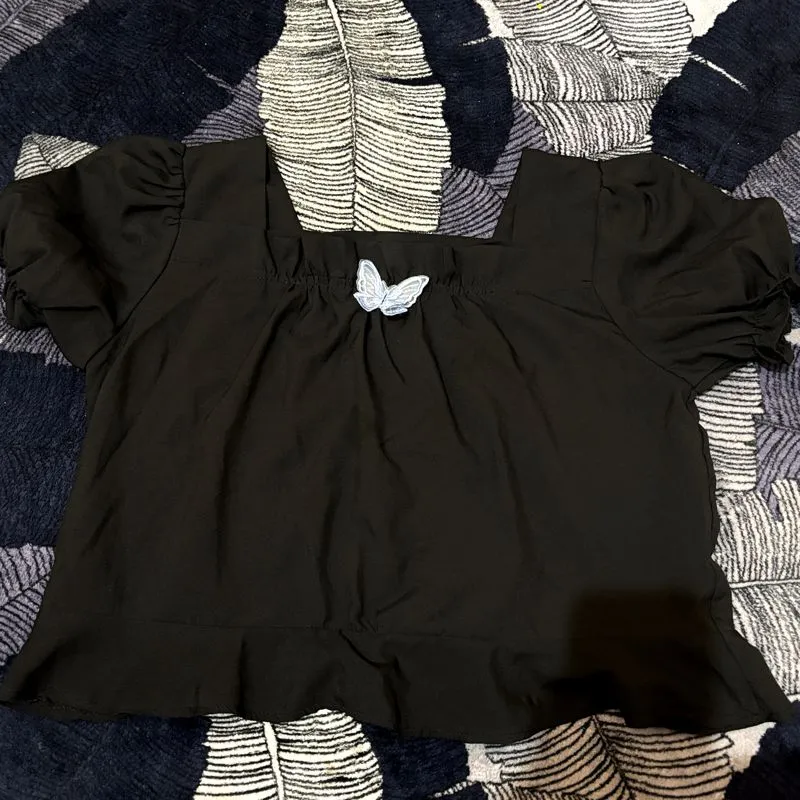 Black Puff Sleeve Top Butterfly  photo 1