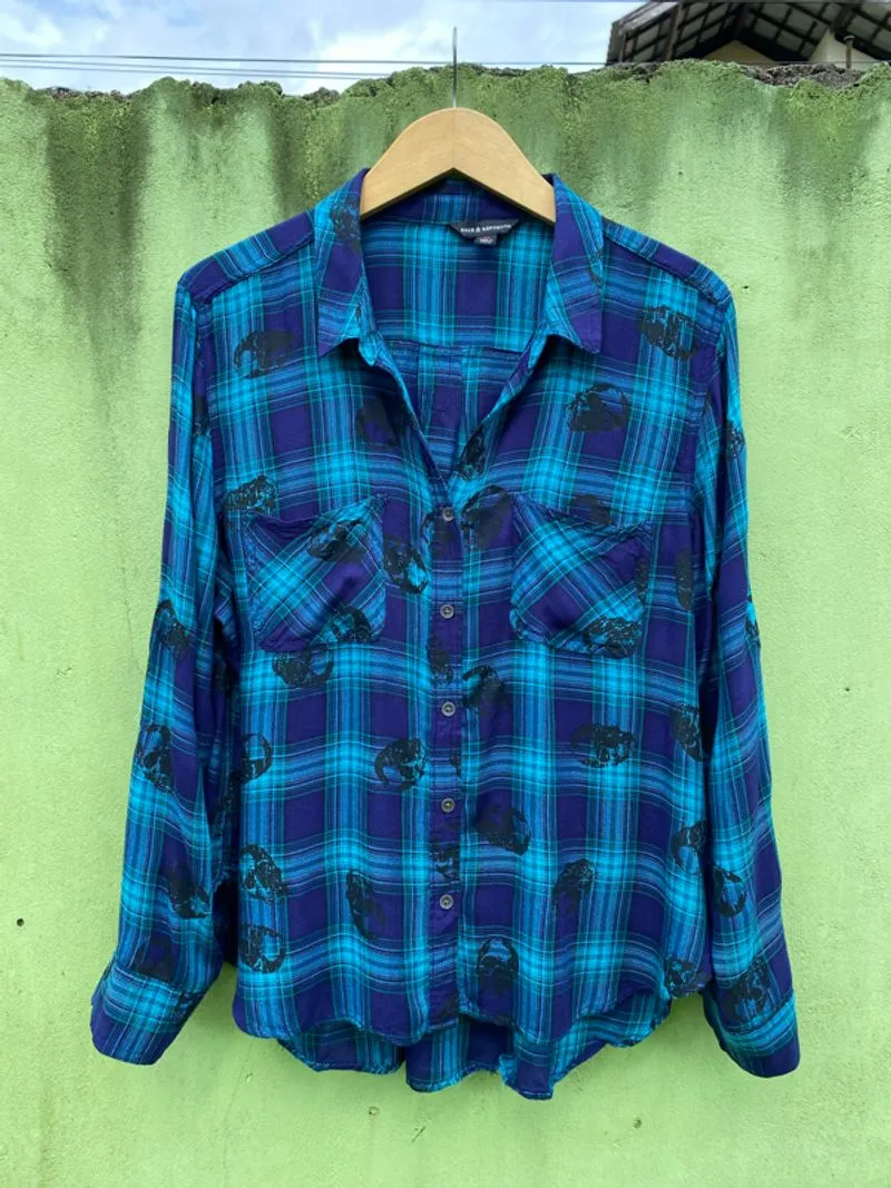 Rock & Republic Skull Plaid Flannel Shirt Blue Grunge Y2K photo 1