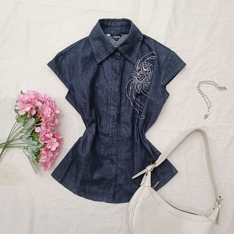 Y2K Denim Top HUABANYU | Fit Body Embroidery | Grunge Gothic photo 1