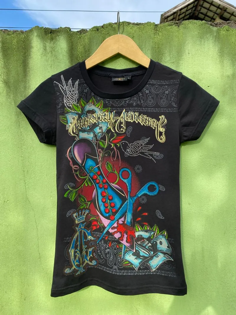 Christian Audigier Tattoo Rose Scissor Design Front & Back photo 1