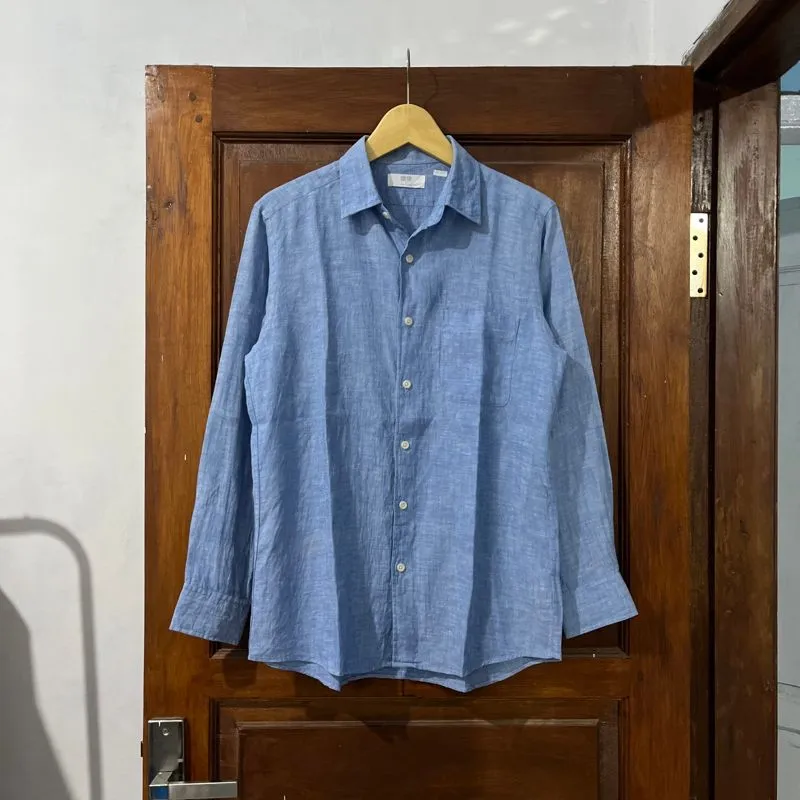 [M] Uniqlo Linen Cotton Long Sleeve Shirt (KM-020) I Light B photo 1