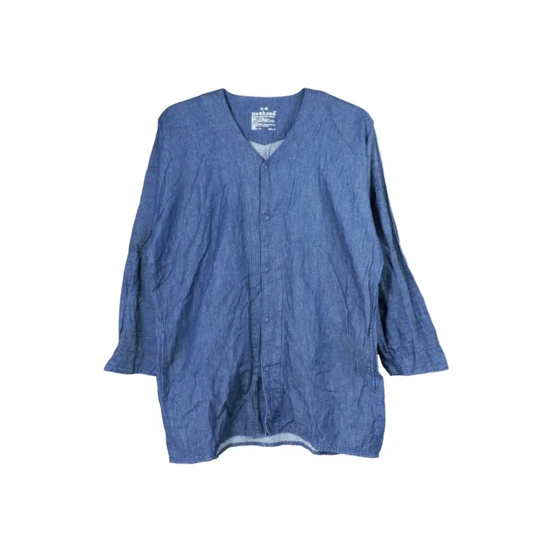 MUJI INDIGO COLLARLESS DENIM LONG SLEEVE SHIRT  SIZE: S-M  M photo 1
