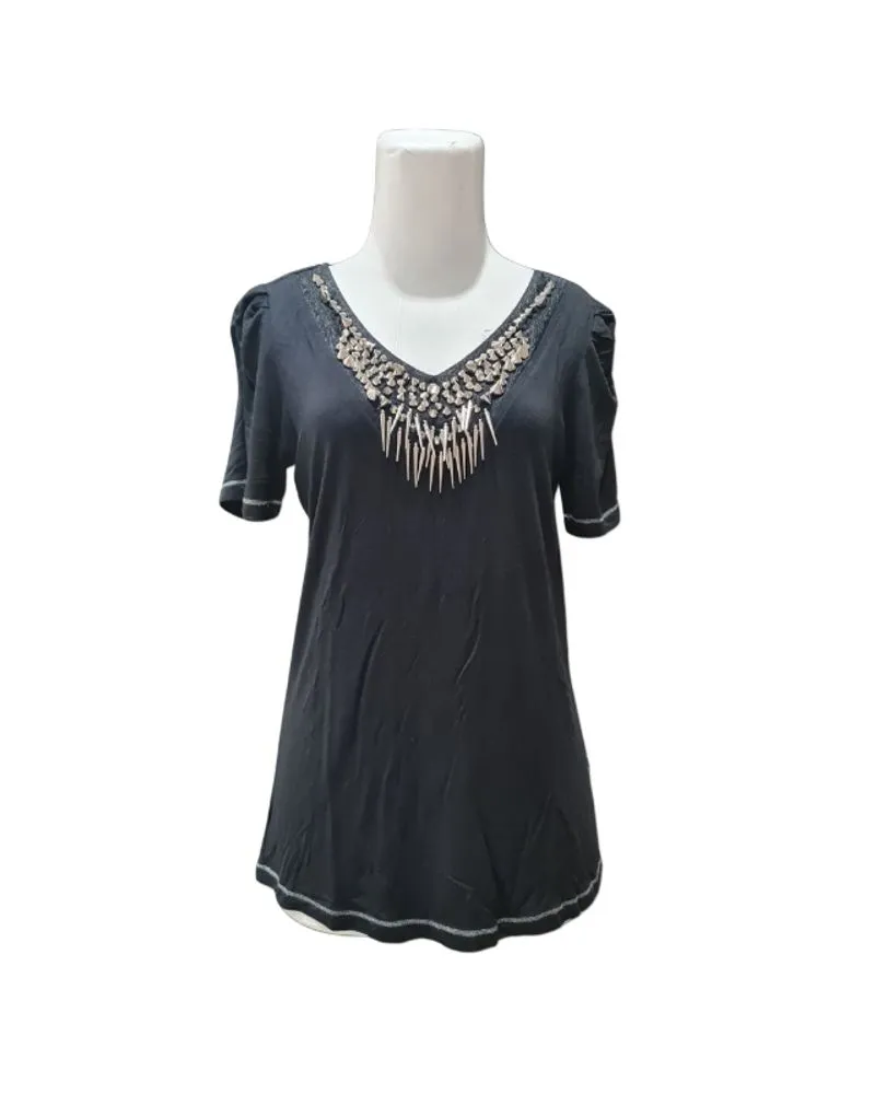 Gothic Emo Black Tee with Beaded Details photo 1