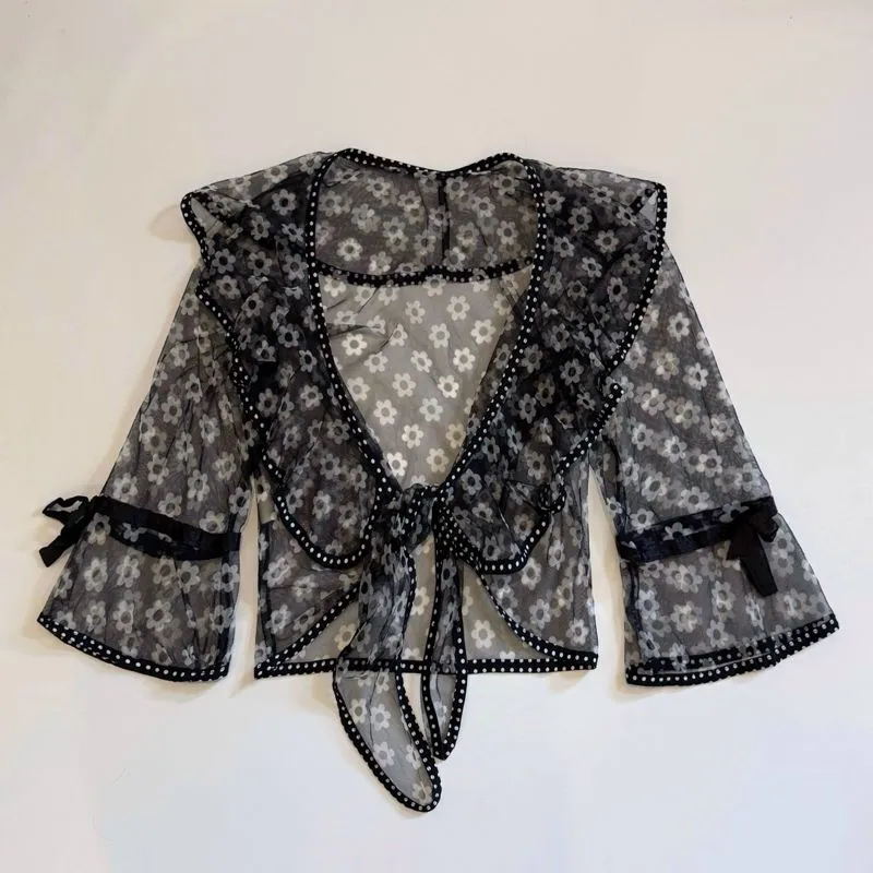 Vintage 60s Style Black Floral Polkadot Hem Collared Ruffle  photo 1