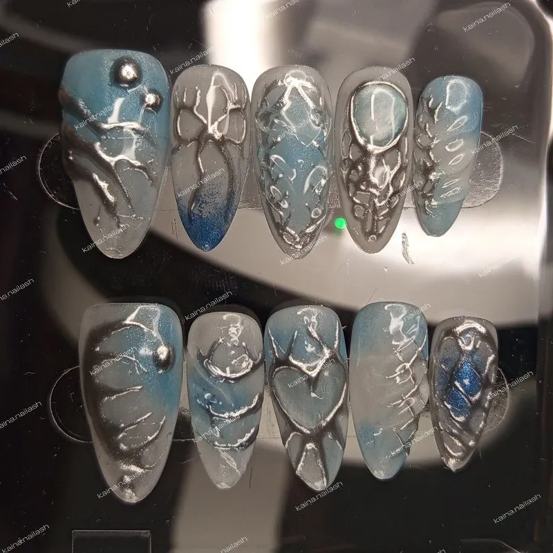 Press on nails nail art silver aqua abstract photo 1