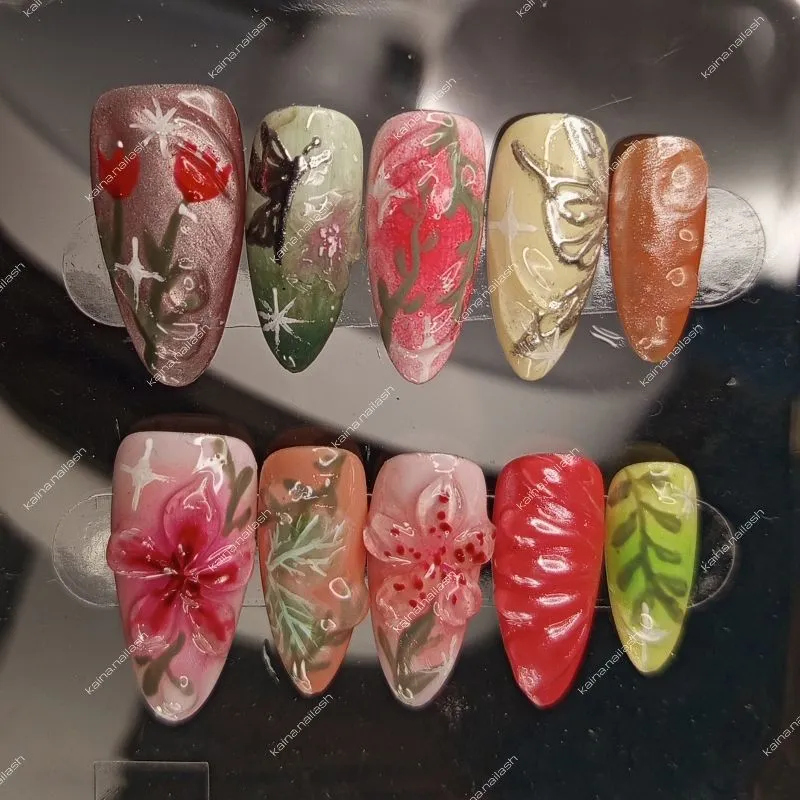 Press on nails nail art romantic botanical photo 1