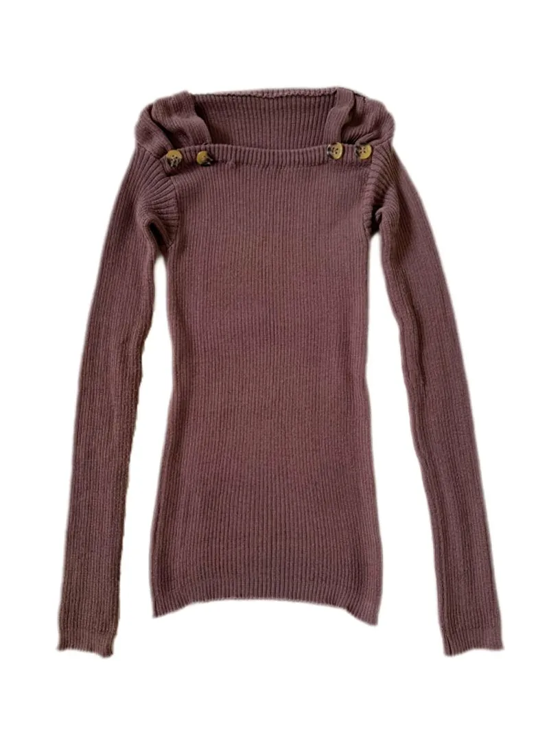 Mauve ribbed knit off shoulder sweater with button accents photo 1