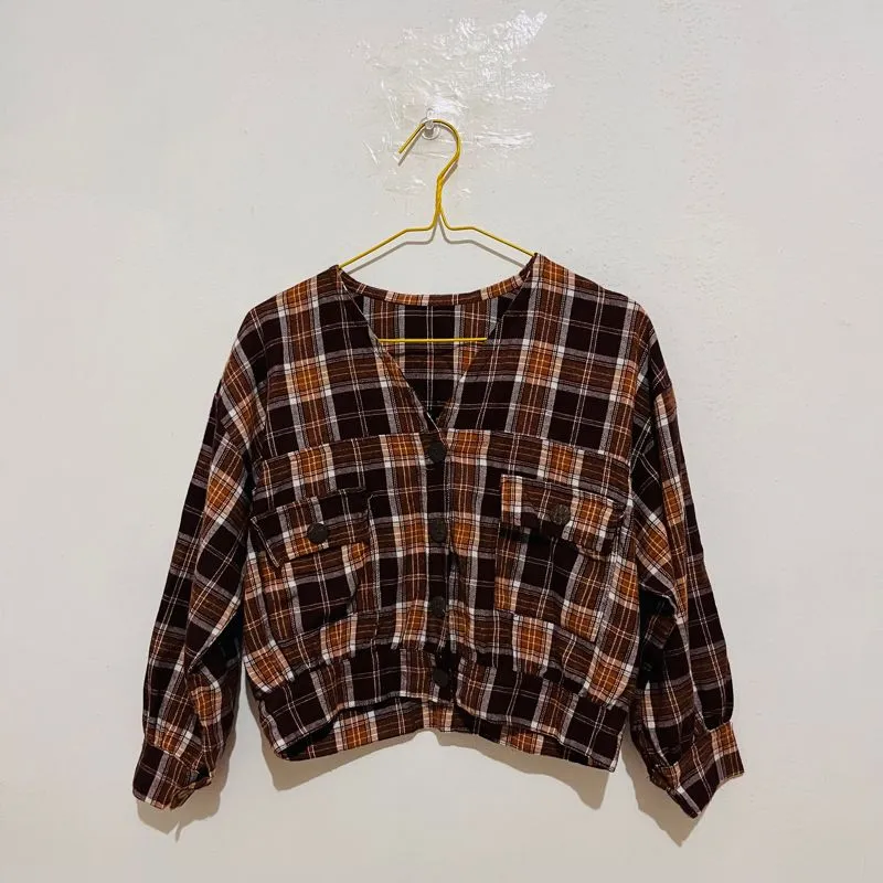Baju atasan crop top kotak kotak wanita photo 1