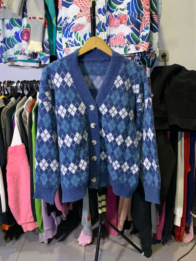 Cardigan rajut motif argyle photo 1