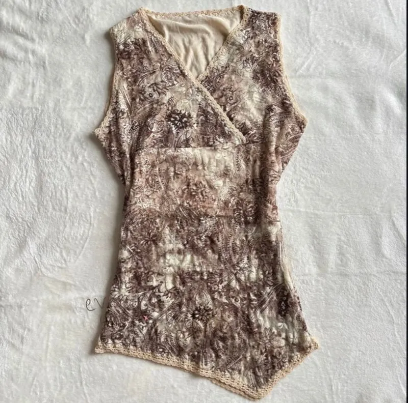 Thrift - beige & brown paisley print lace sleeveless top photo 1