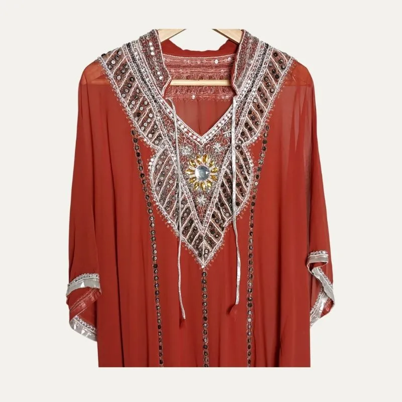 Kaftan Merah Bata Long Dress Sheer Payet Silver Abaya Gamis  photo 1