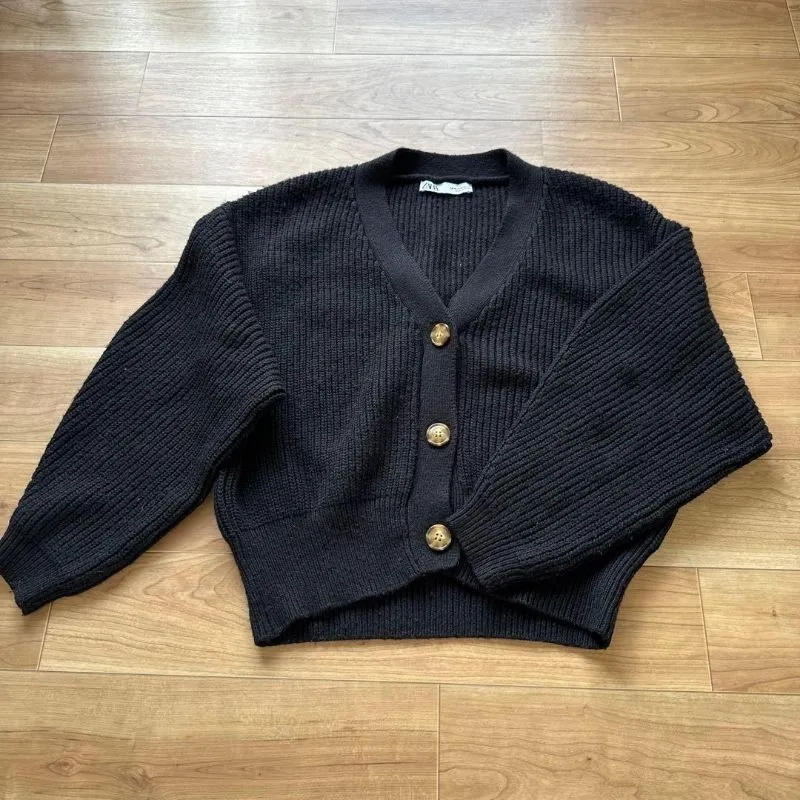 ZARA| Cardigan Black Knit Women's Kancing Marbel-Size M photo 1
