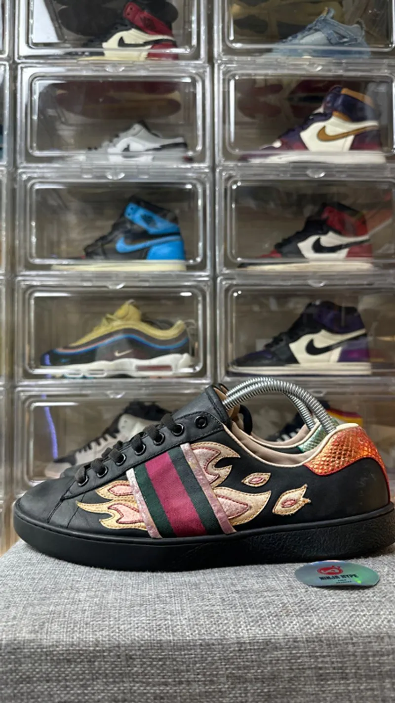GUCCI ACE FLAME BLACK LEATHER SNEAKERS MEN’S , GUCCI ACE FLA photo 1