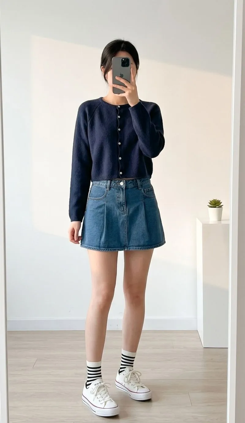 Sweater Crop Rajut Kapas Navy Wanita photo 1