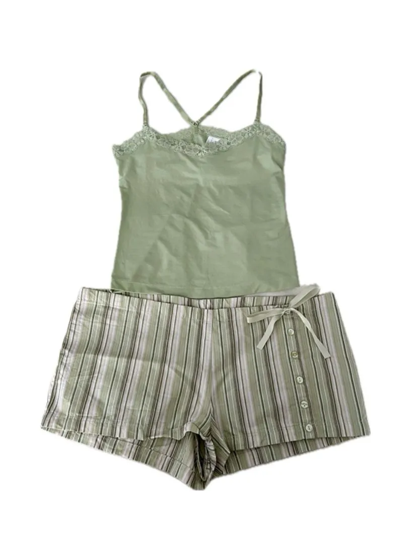 La Senza Lingerie Sage Green Ribbed Cami Striped Shorts Set photo 1