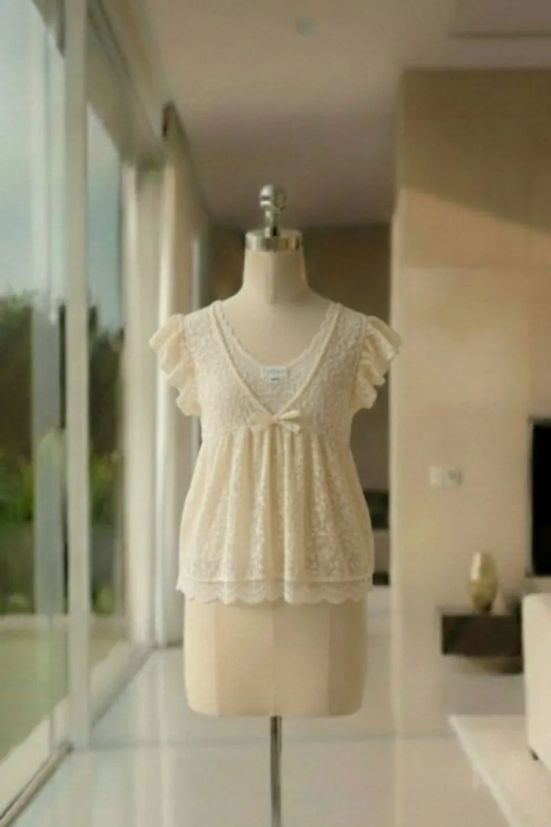Glacier Cream Brocade Lace Ruffle Top photo 1