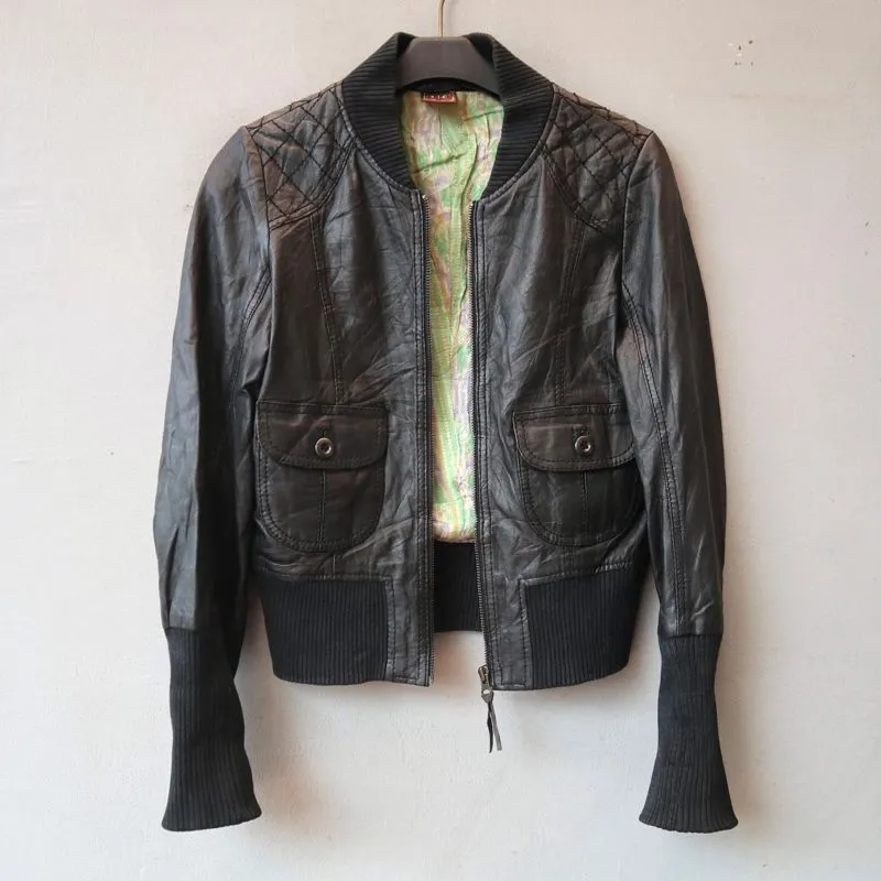 Jaket kulit asli domba bomber vintage cewek crop biker cropp photo 1