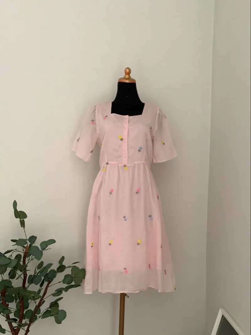 Light Pink Square Neck Dress with Floral Embroidery  photo 1
