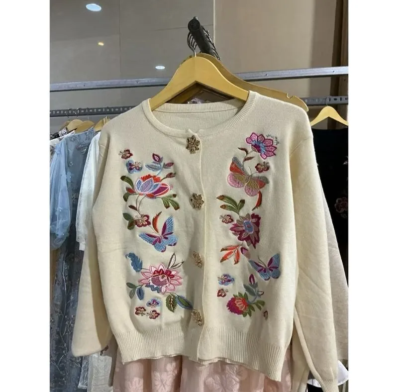 Cardigan Korean Embroidery Cream Vanilla Flower Knitted photo 1