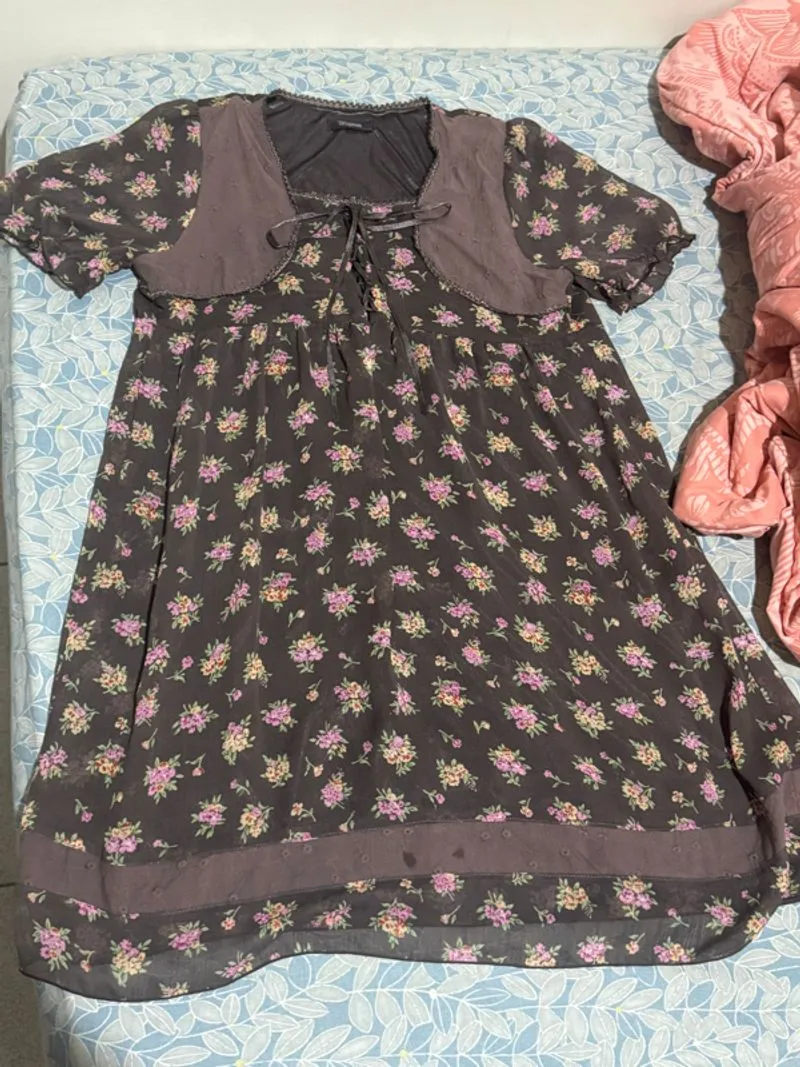 brown floral ribbon mini dress coquette mori kei photo 1
