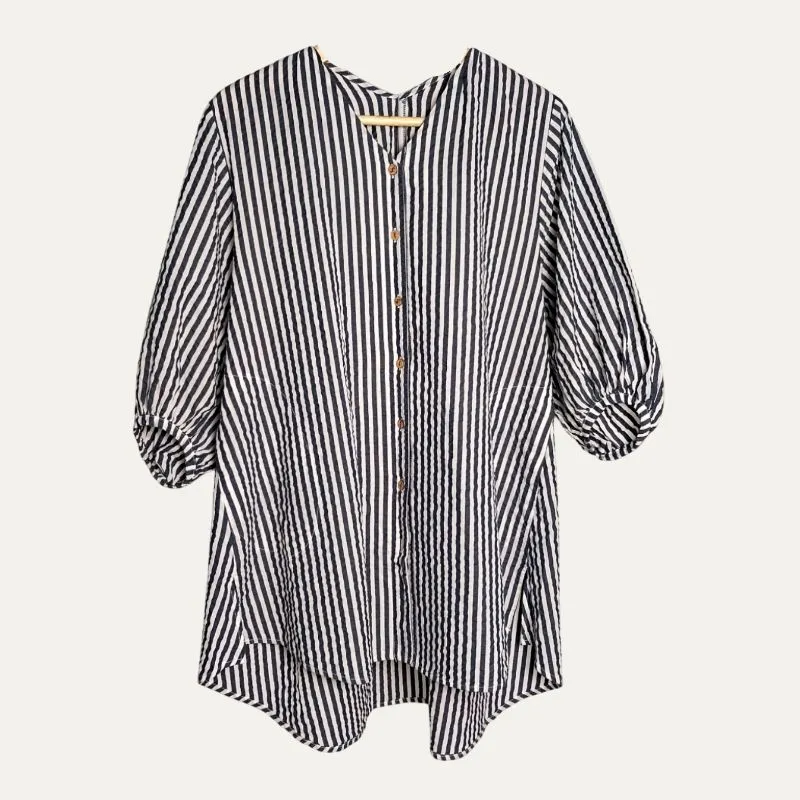 Kemeja Tunik Panjang Motif Garis Garis Salur Biru Putih Atas photo 1
