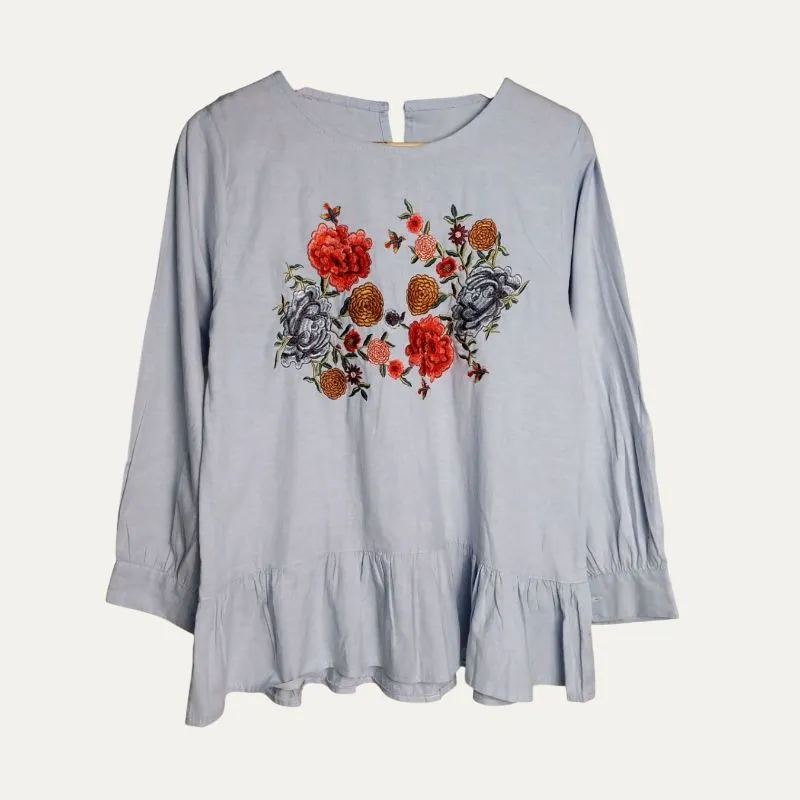 Kemeja Blouse Atasan Biru Motif Bunga Bordir photo 1