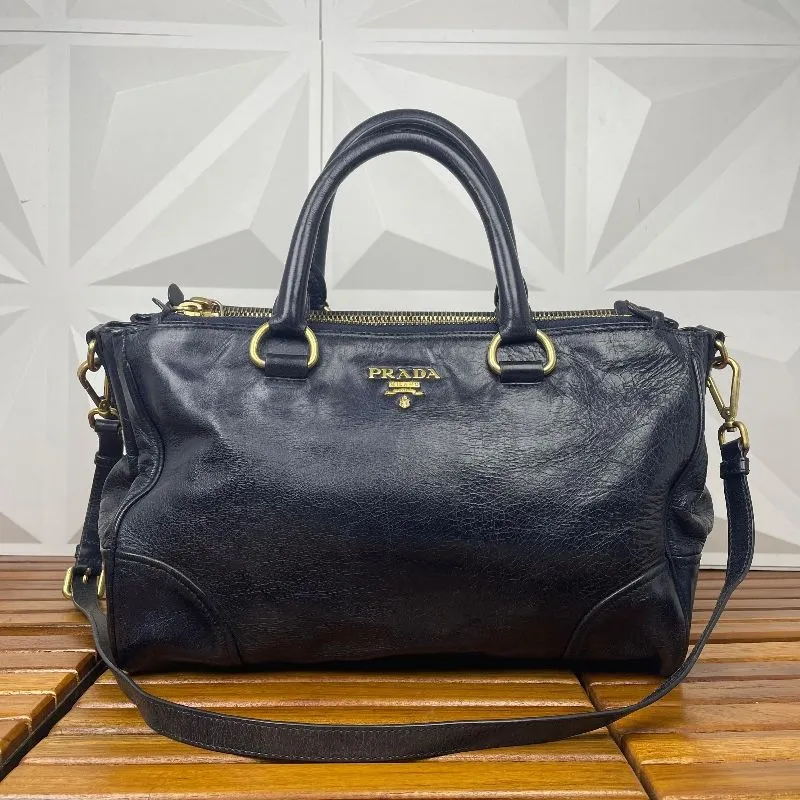 Prada Vitello Shine Navy Blue Leather Handbag photo 1