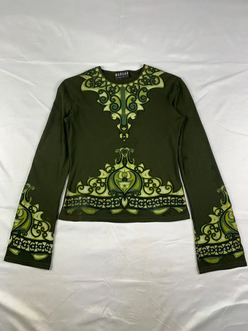 2000s Morgan de Toi France Pine Green Flared Bohemian Top photo 1