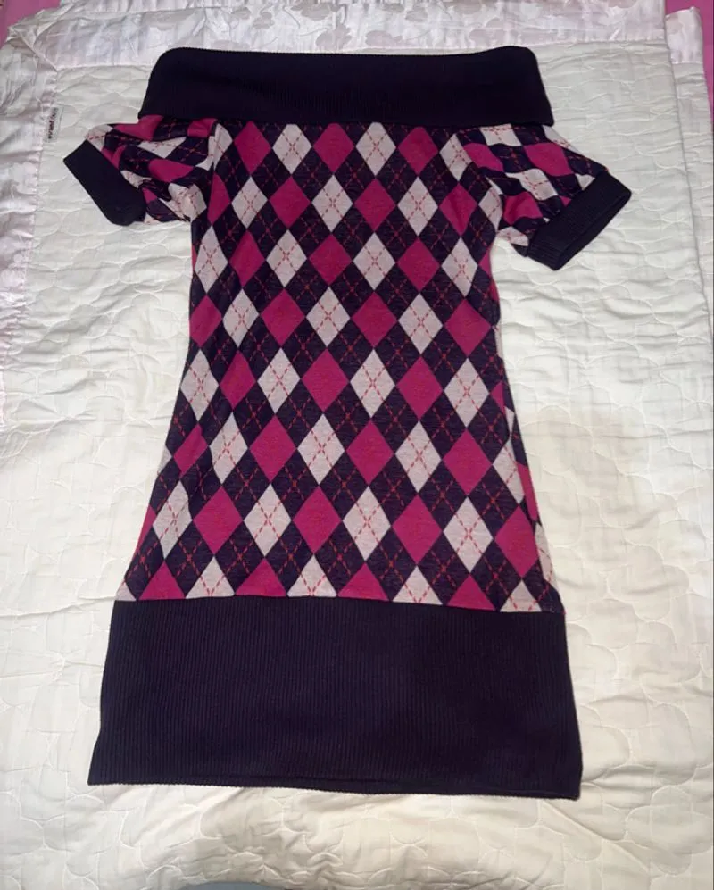 Purple and Pink Argyle Off Shoulder Knit Dress photo 1