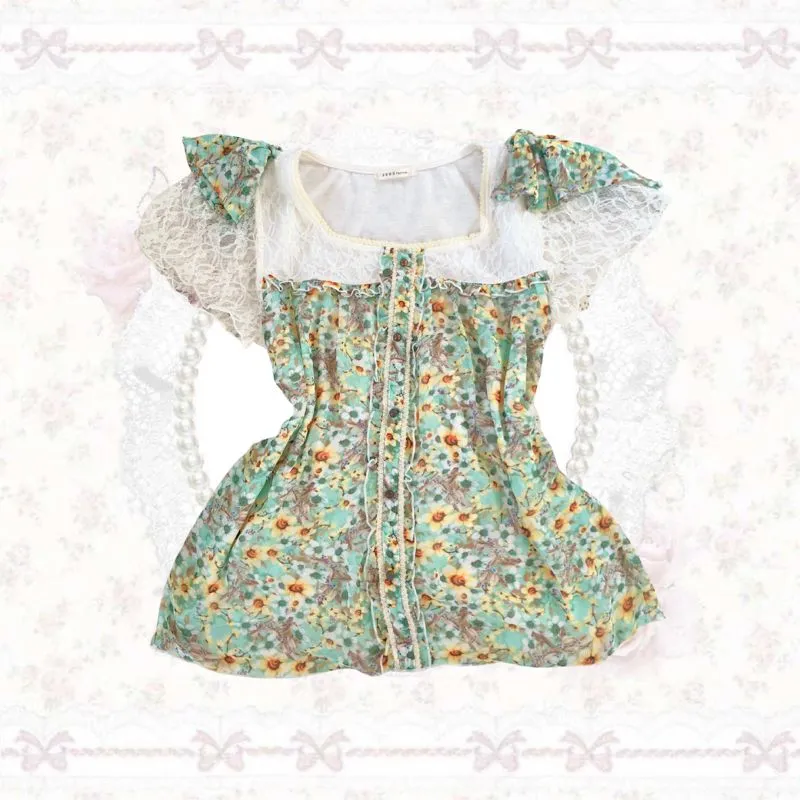 AXES FEMME floral blouse with side ribbons and lace sleeves  photo 1