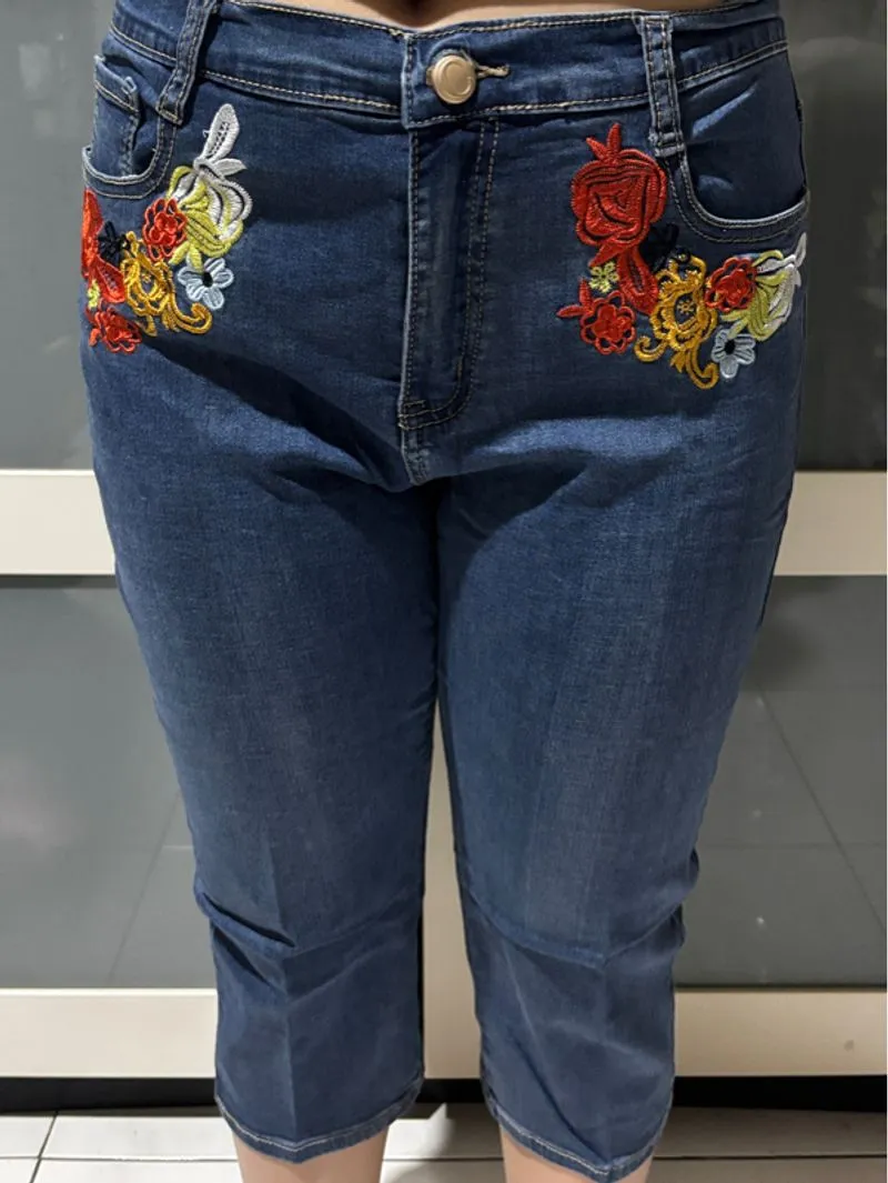Embroidered flower denim jeans 3/4 vintage feminine  photo 1