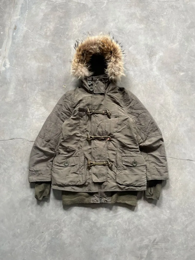 1990's - SLY Military Napoleon Fur hoodie Jacket Y2k Grunge - Preloved