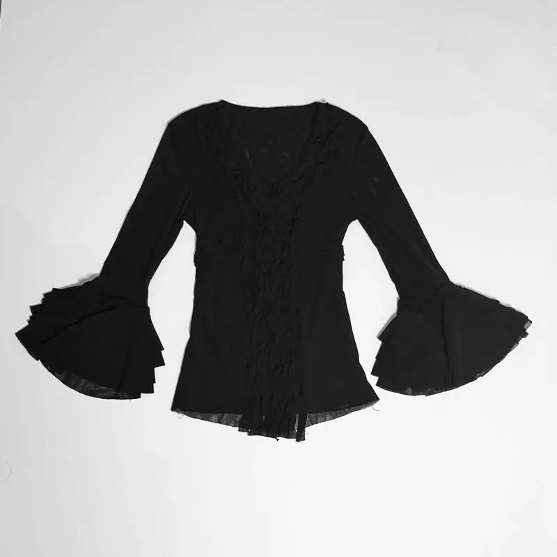 Vintage Black Ruffle Whimsy Goth Flared Sleeve Mesh Blouse T photo 1