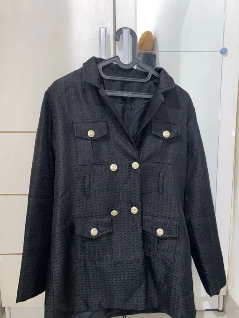 black double-breasted tweed jacket photo 1