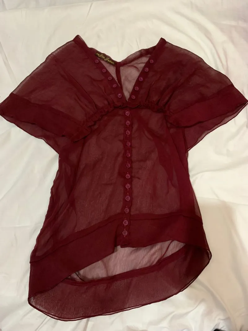 Vtg Crimson Red Sheer See-Through Flowy Blouse Top photo 1