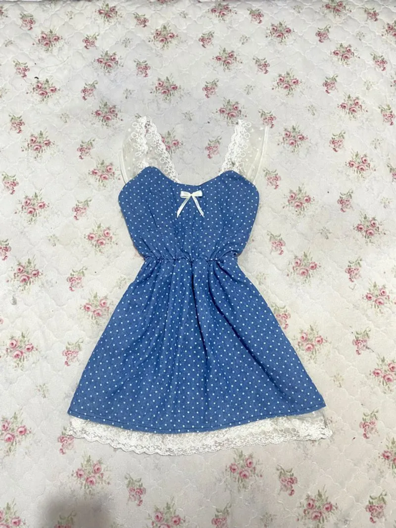 minidress denim polka denim lace ribbon fairy coquette y2k photo 1