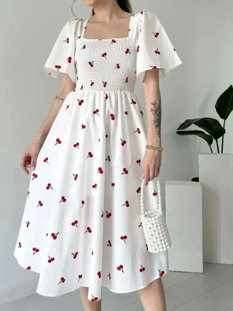 White Cherry Embroidery Shirred Dress photo 1