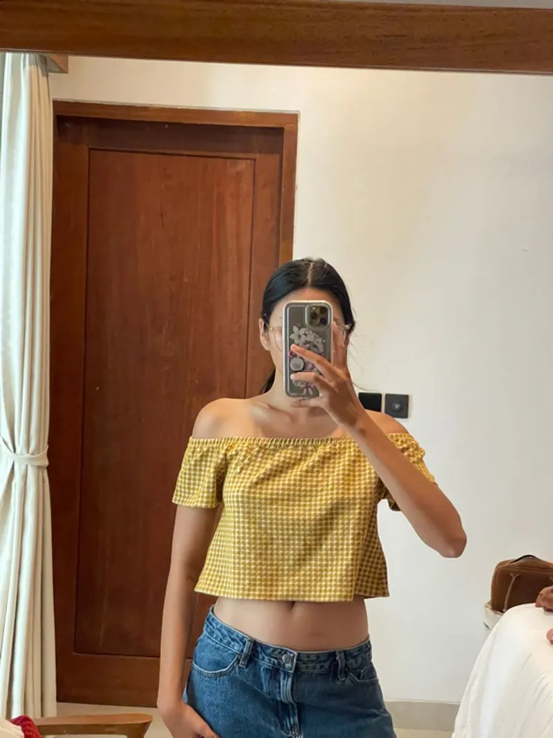 Zara Trafaluc yellow gingham off-the-shoulder crop top photo 1