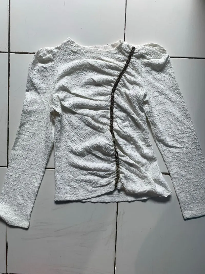 White Popcorn Ruched Top with Rhinestone Detail photo 1