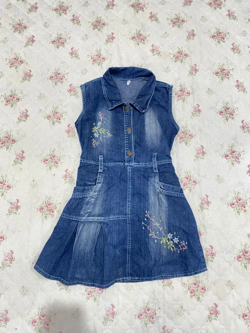 Minidress jeans dark denim bordir floral retro casual vintag photo 1