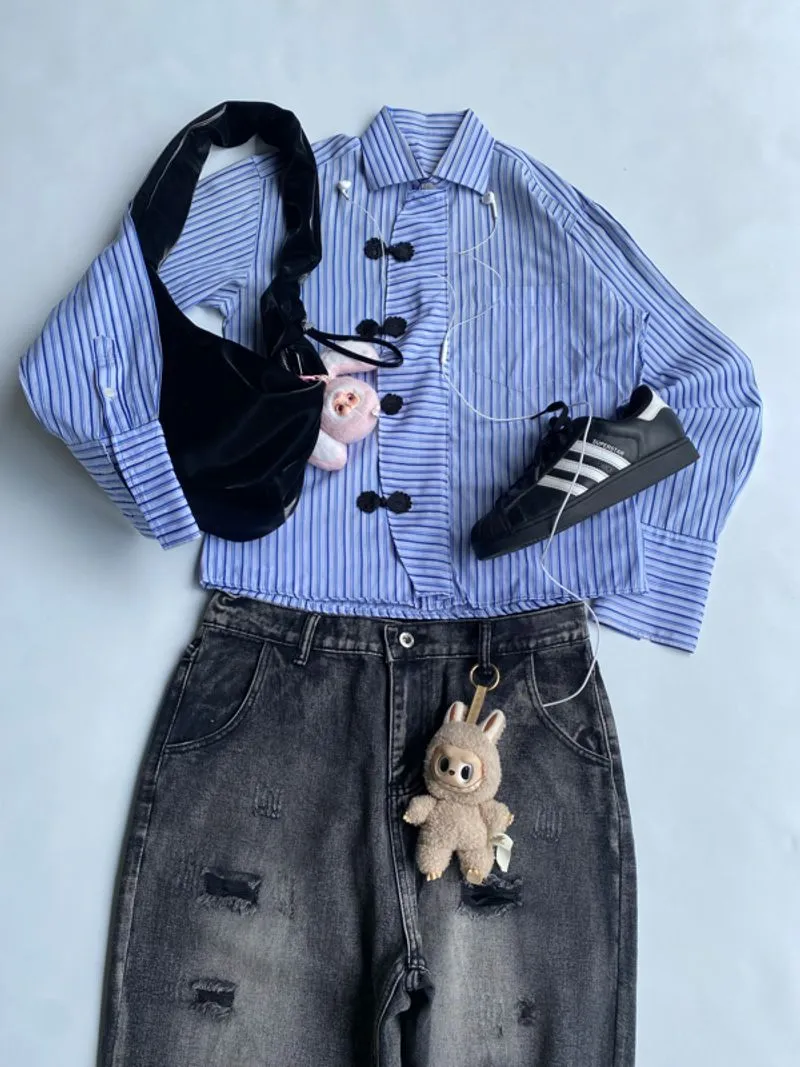 blue Striped shirt cheongsam boxy photo 1