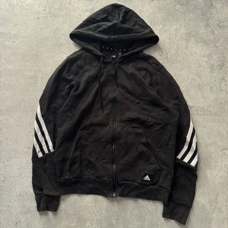 Adidas black full zipper hoodie with three white stripes on  photo 1