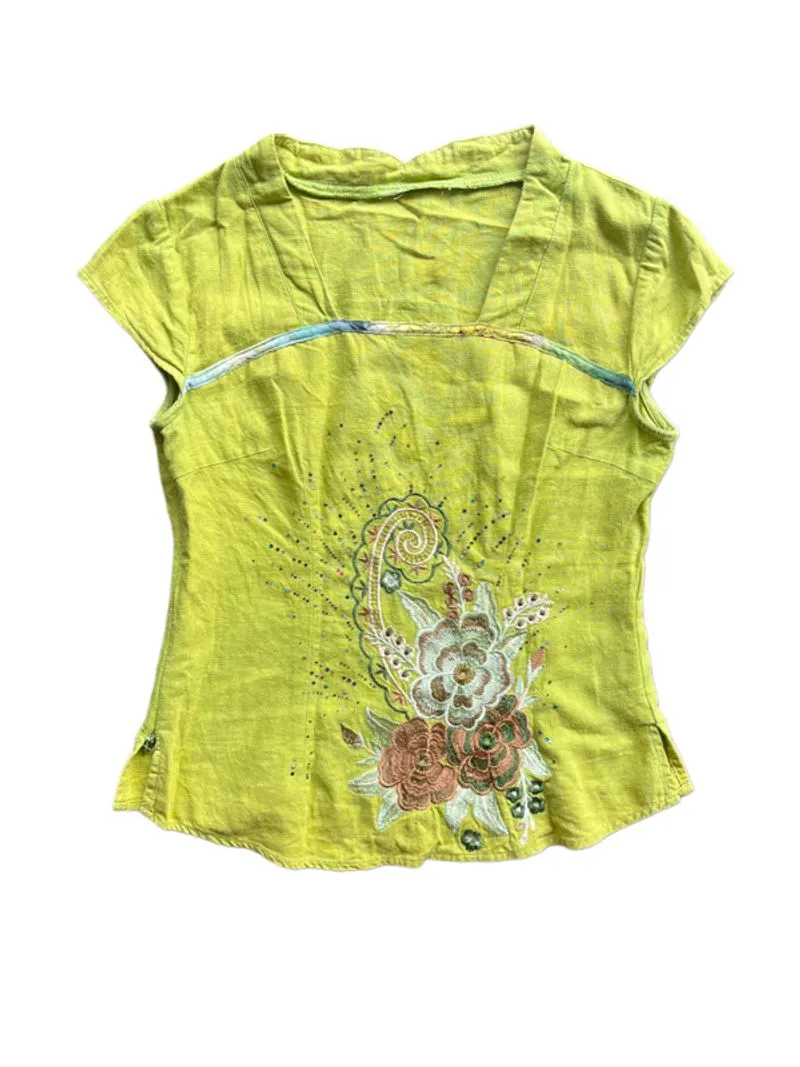 Soft Mori Lime Green Floral Embroidery Vintage Top photo 1