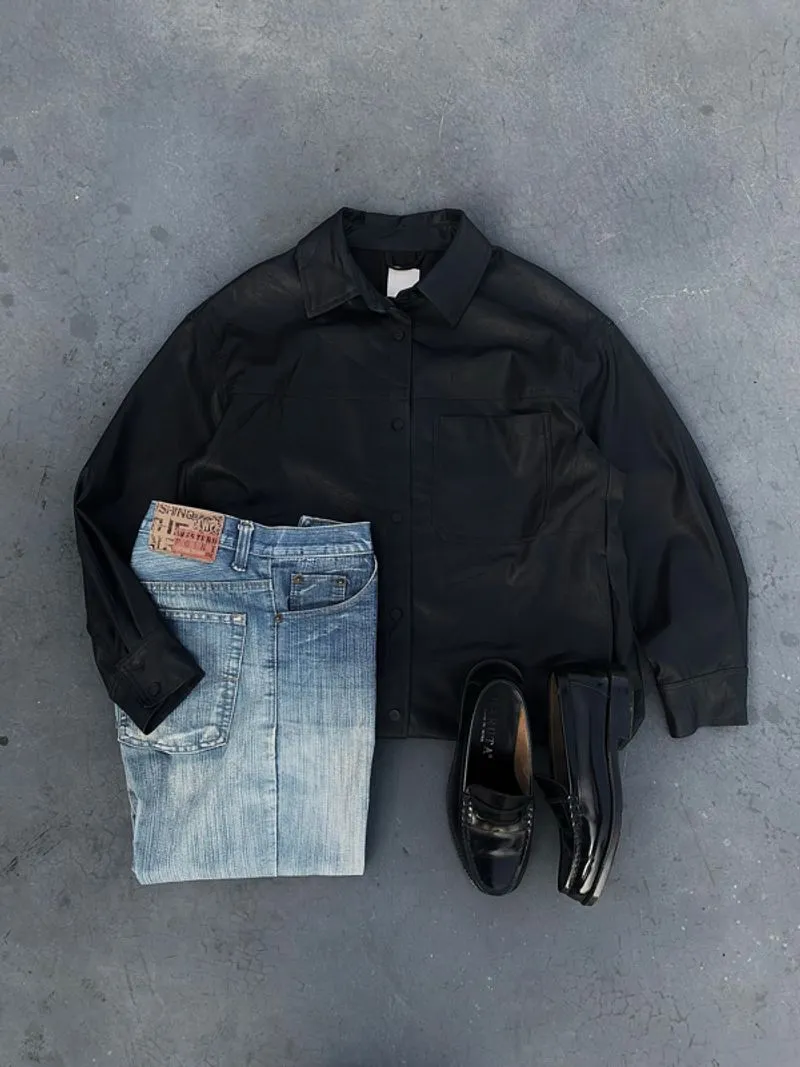 H&M Leather Overshirt Jacket Black photo 1